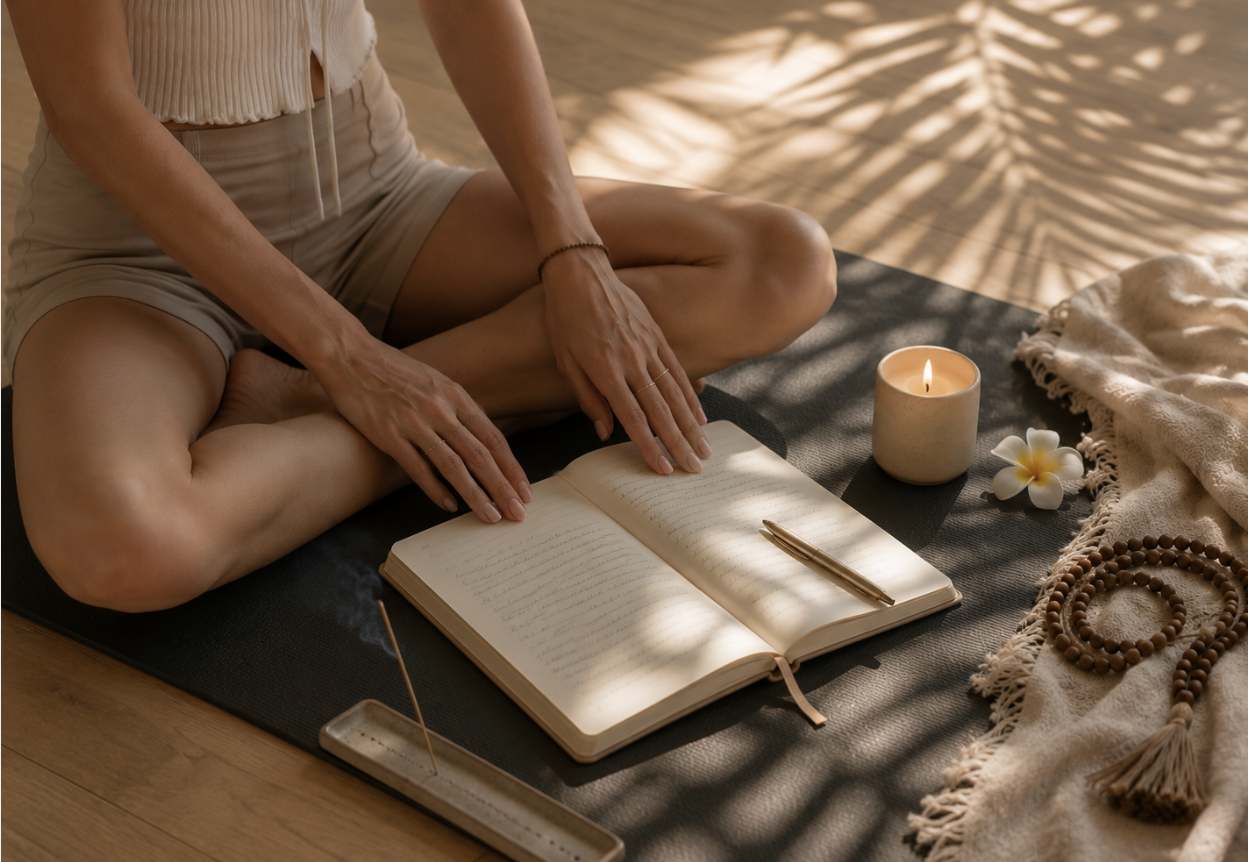 A quiet morning ritual — journal, tea and soft light on linen