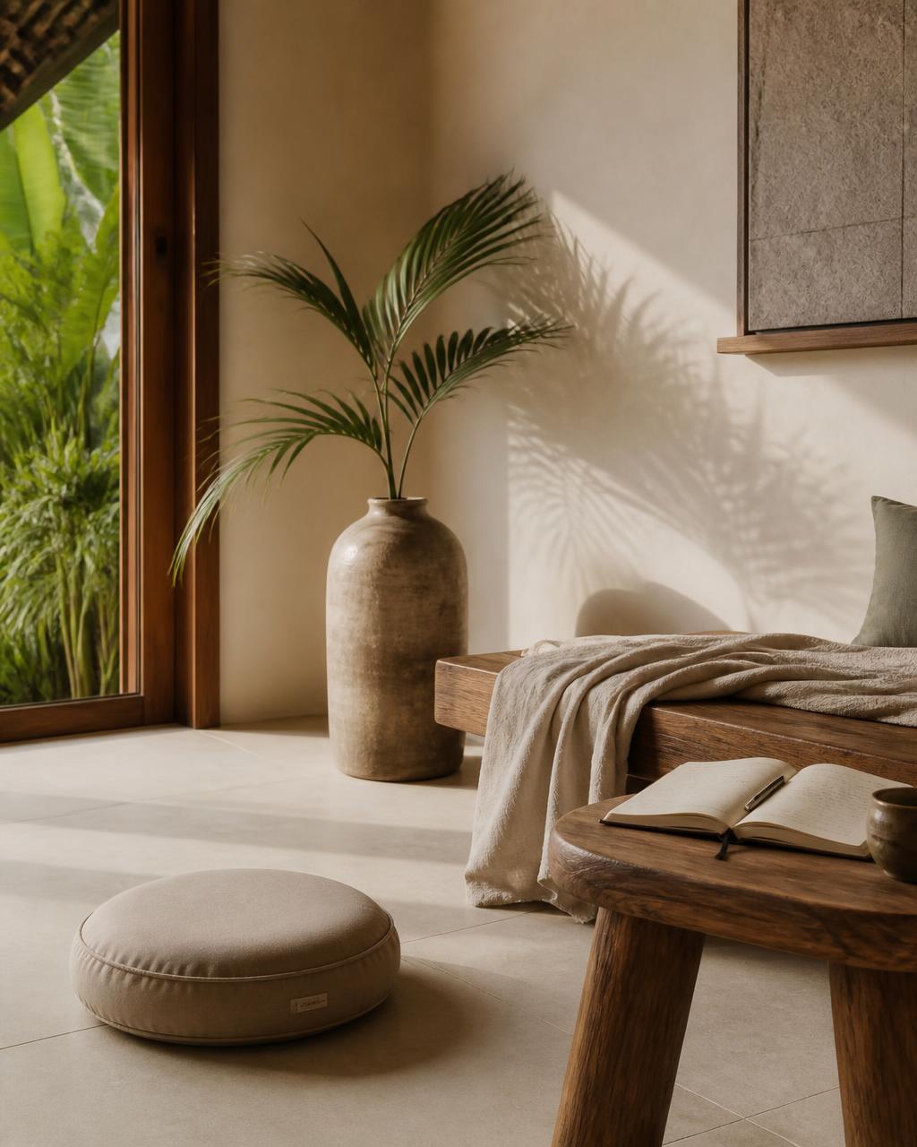 Sunlit Bali-inspired corner with a meditation cushion, linen throw and an open journal on a wooden table
